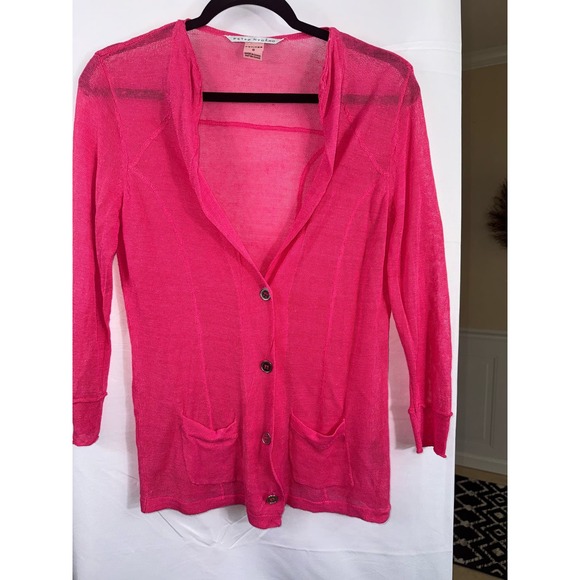 Peter Nygard Hot Pink Sheer Linen Cardigan 3/4 Sleeve Pockets Women SZ S Sweater - Picture 3 of 9